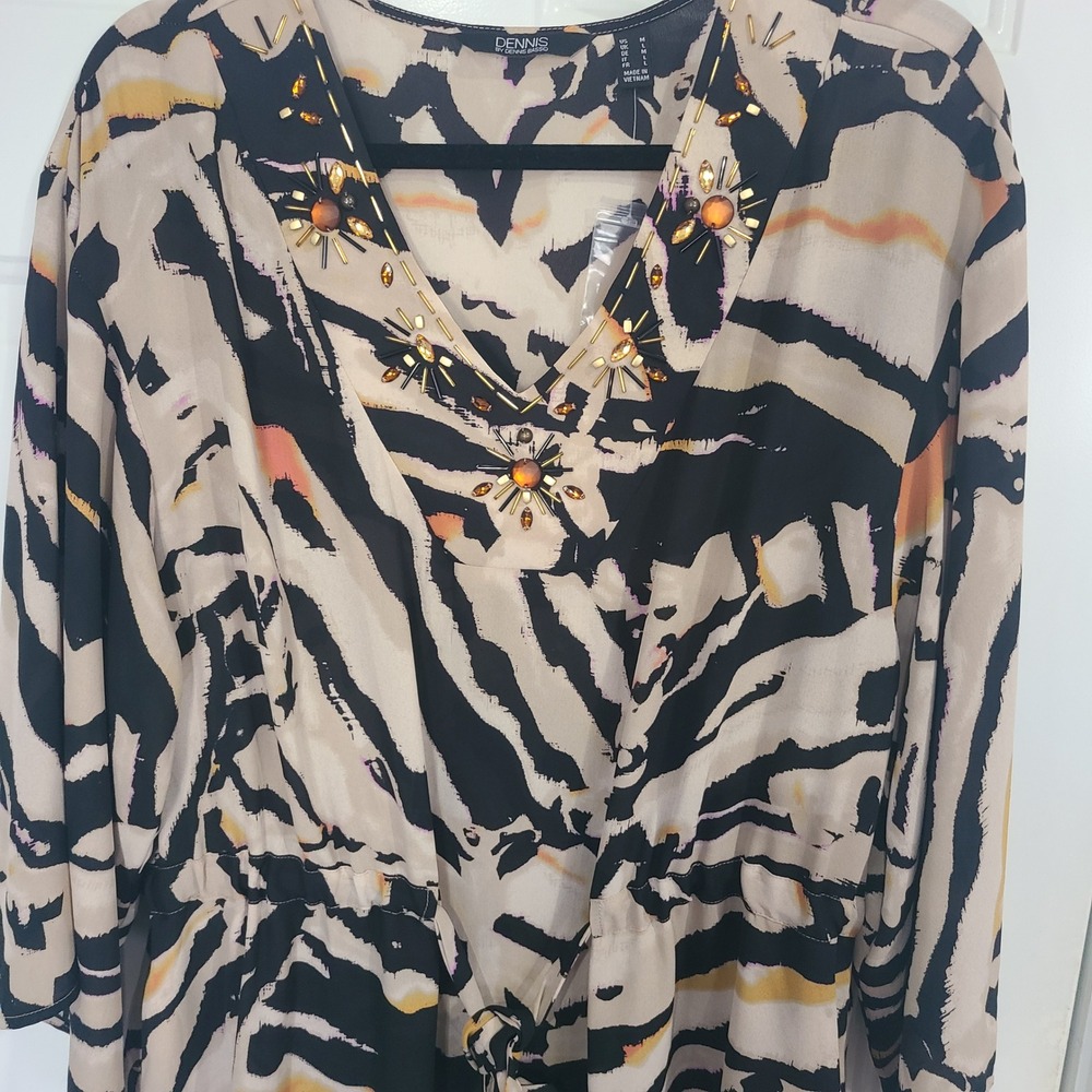 Dennis Basso Abstract Animal Print Beaded V-Neck Top Womens Medium - Picture 4 of 16